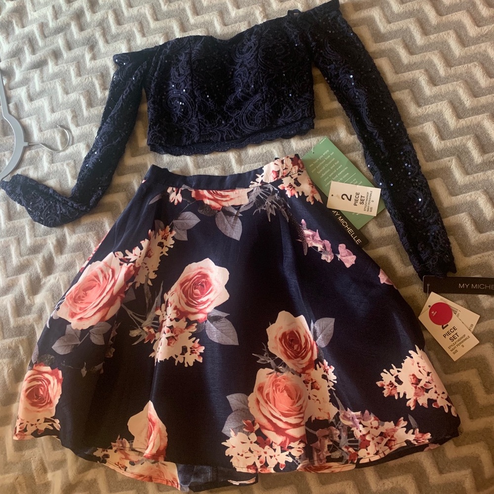 Blue sparkly and floral two piece dress